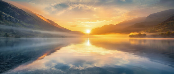 Wall Mural - a beautiful sunset over a lake with mountains in the background