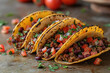 delicious grilled tacos with colorful toppings and vibrant salsa on stone background