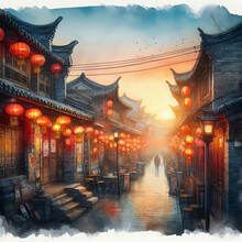 Watercolour Image Of An Evening Street In A Chinese City With Traditional Chinese Lanterns