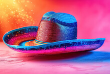 Ibrant Mexican Sombrero With Sparkling Frost Texture On Neon Pink And Orange Background