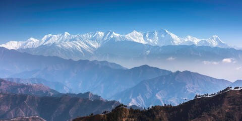 Wall Mural - Panoramic view of snow mountains range landscape. Generative AI.