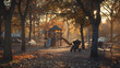 Indistinct view of a youngster’s recreation area with a climbing frame and play materials in the middle on an autumn dawn. A stroller is discernible near some orange oaks. with kids messing around it