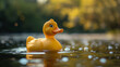 Classic yellow rubber duck serenely floats on the calm waters of a pond, reflecting a peaceful scene.