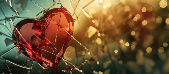 Red heart shape is poignantly featured amidst shards of shattered glass, invoking a strong feeling of broken love.