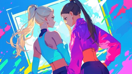 Poster - Two athletic girls are depicted side by side in their workout gear seen from behind in a vibrant cartoon style 2d illustration set against a white backdrop