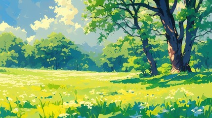 Wall Mural - Illustration of a lush green backdrop depicting a beautiful summer landscape
