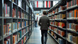 © RISHAD - Solitary man in a stylish jacket strolls down the aisle of a modern library filled with bookshelves.
