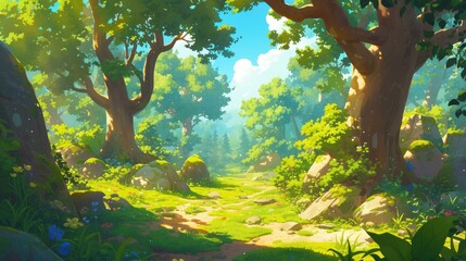 Sticker - Immerse yourself in a vibrant cartoon forest setting where lush deciduous trees moss covered rocks swaying grass and charming bushes bask in the dappled sunlight This enchanting nature lands