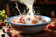 A bowl of cereal with berries being poured with a stream of cold milk.