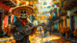 Stylized digital realism art of a skeleton mariachi with a guitar