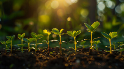 A bunch of young plants are growing in the dirt