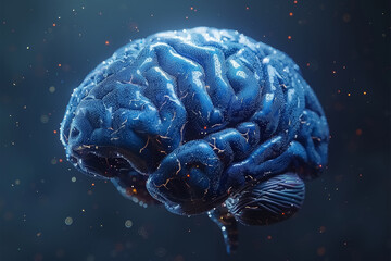 human brain representation in blue tones with neural connections on dark background