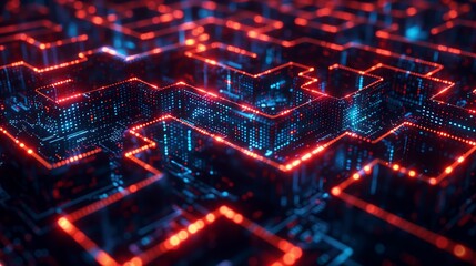 An abstract visualization of a digital circuit board with a maze-like arrangement, glowing in neon red on a deep blue background, symbolizing complex data pathways and high-tech electronic.