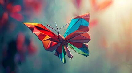 Wall Mural - Colorful origami butterfly on colorful bokeh background. Abstract background.