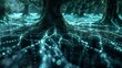An intricate network of glowing dots and lines sprawling across a dark, forest-like setting, reminiscent of electronic circuits intertwined with tree roots.


