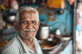 Fototapeta  - An endearing elderly man with a white mustache stands in a local food stall, his face expressing warmth and friendliness