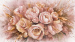 Encantadora mezcla de agua y acuarela: Una obra que deslumbra con sus tonos de rosa antiguo y oro dorado, creando un arreglo floral armonioso y adornado con toques metálicos de cobre