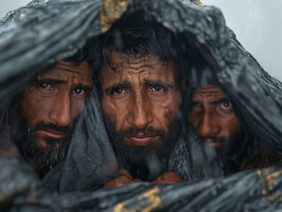 Canvas Print - Three men are huddled together under a blanket. They are all wearing dark clothing and have long hair. Scene is somber and serious