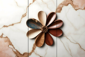 Wall Mural - Home wall art 3 panels, colorful marble background with brown flower silhouette