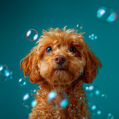 puppy dog with cute face isolated on a blue background with bubbles around it