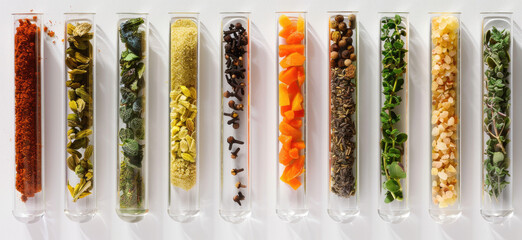 Wall Mural - A row of glass vials filled with various ingredients, including fresh herbs like rosemary and thyme; mixed nuts such as almond or cashew