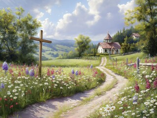 Wall Mural - A painting of a pastoral scene with a cross in the foreground and a church in the background. The mood of the painting is peaceful and serene