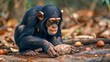 A chimpanzee is sitting on the ground and holding a rock in its hands