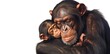 Mother Chimpanzee Tenderly Hugging Baby on Pure White Background in Heartwarming Embrace