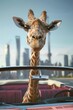 Giraffe in a convertible, 3D render, head extending above the windshield, city skyline in the distance