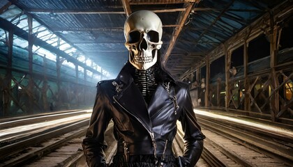 Wall Mural - Skeleton with distinctive skull, dressed in black leather. Punk Outfit.  AI Generated