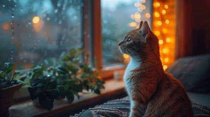 Contemplative cute tabby Cat, sitting by a rain splattered window, on a woven blanket, gazing out into the evening