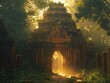 A large archway in a forest with sunlight shining through it. The archway is surrounded by trees and he is a part of a larger structure. Concept of mystery and wonder