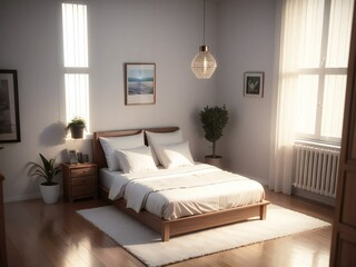 A cozy bedroom with natural light, featuring a neatly made bed, wooden furniture, and indoor plants.