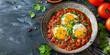Delicious fried eggs in flavorful tomato sauce with fresh tomatoes and herbs on a dark plate