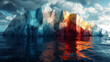 rainbow-colorful icebergs, colorful from icy blue to fiery orange and red 