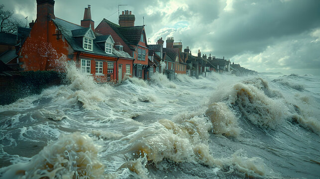 A coastal village during a high tide event, water reaching the doors of homes, showing the impact of rising sea levels