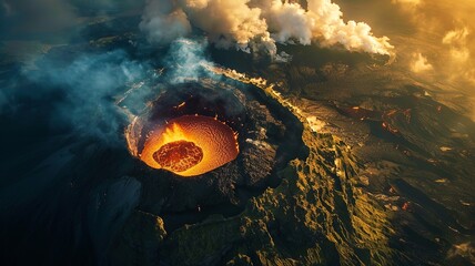 Wall Mural - a wonderful landscape of a volcano about to erupt from a bird's eye view, a picture made by artificial intelligence