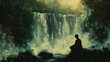 A man sits on a rock near a waterfall