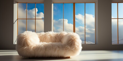 Wall Mural - White fluffy bubble boucle sofa is sitting in an empty room mock up background decoration scene