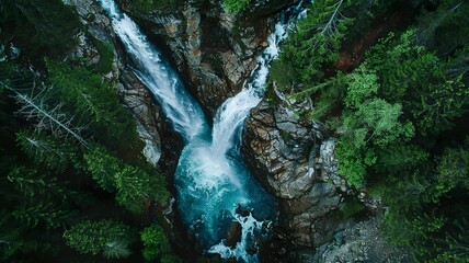 a wonderful landscape of a huge waterfall from a bird's eye view, a picture made by artificial intelligence