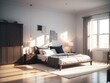 Elegant bedroom interior with a large bed, side tables, lamps, and a wardrobe in a modern home with sunlight streaming through the window.