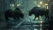 The Symbolic Clash: Bull and Bear Face Off in a Dramatic Cityscape