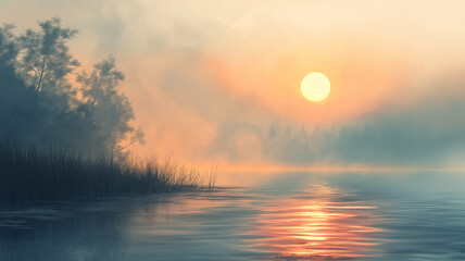 Wall Mural - A serene and peaceful scene of a lake with a sun setting in the background