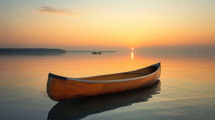 Wall Mural - A small boat sits in the water, reflecting the sun as it sets