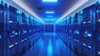 Digital data center: 3D visualization of a high-tech server room with rows of servers and glowing blue lights, portraying the backbone of information technology. 3d backgrounds