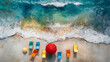 A beach scene with a red umbrella and several colorful beach chairs