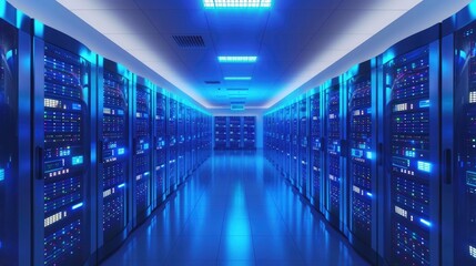 Wall Mural - Digital data center: 3D visualization of a high-tech server room with rows of servers and glowing blue lights, portraying the backbone of information technology. 3d backgrounds