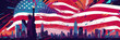 Independence day. Liberty enlightening the world.Statue of Liberty and skyline. Independence Day. July 4 Concept. Patriotism Concept. USA Flag