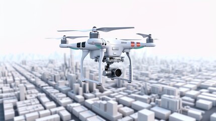 Wall Mural - A white drone is flying over a city