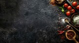 Fototapeta  - Cooking Table. Top View of food ingredient on a Black Background for Kitchen Space